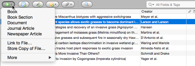 Zotero item-type menu