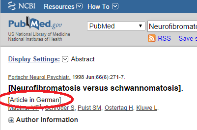 In pubmed, look for Brackets and language listed under title.